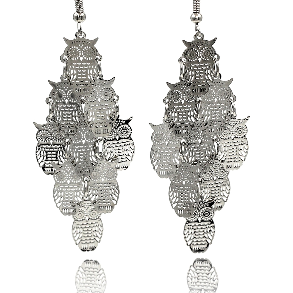 Silver fashion tassel owl earrings